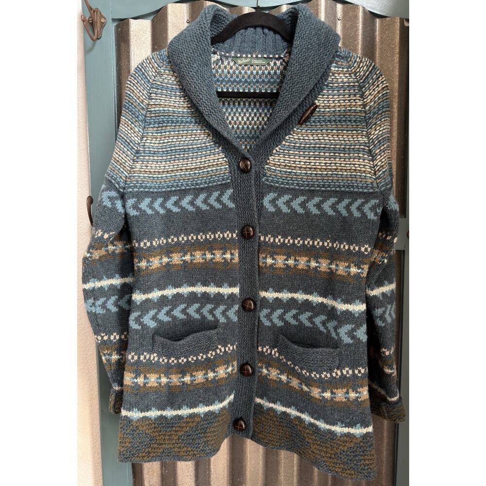 Woolrich Fair Isle Deep Atlantic Lambs Wool Cardigan Button Sweater Women Medium